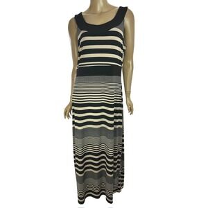 Susan Lawrence Maxi Dress Sz Petite M Sleeveless Black Beige Stripe